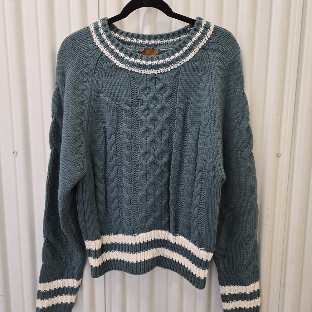 POL Teal Cable Knit Crewneck Sweater with White Stripes